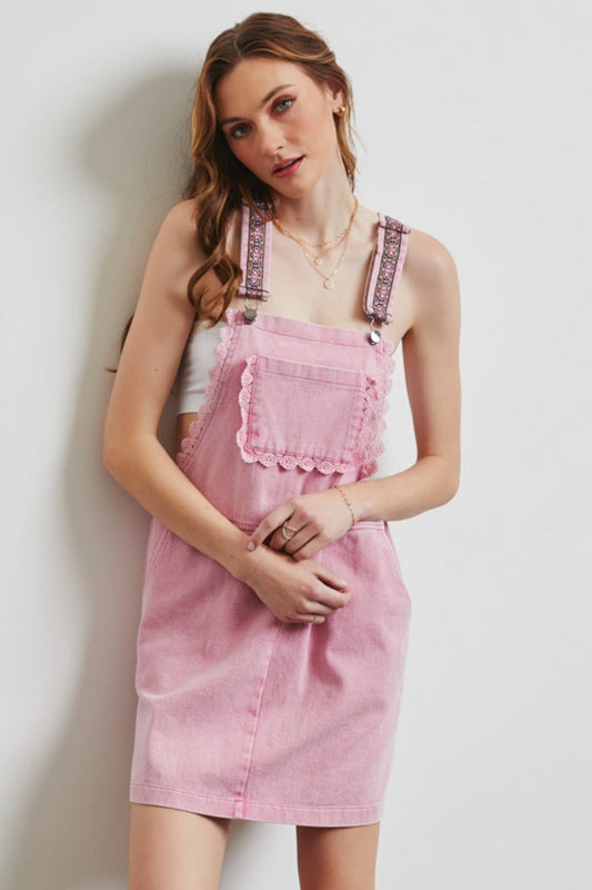 Pink Lace Trim Denim Overall Dress from PinkyBelles Boutique