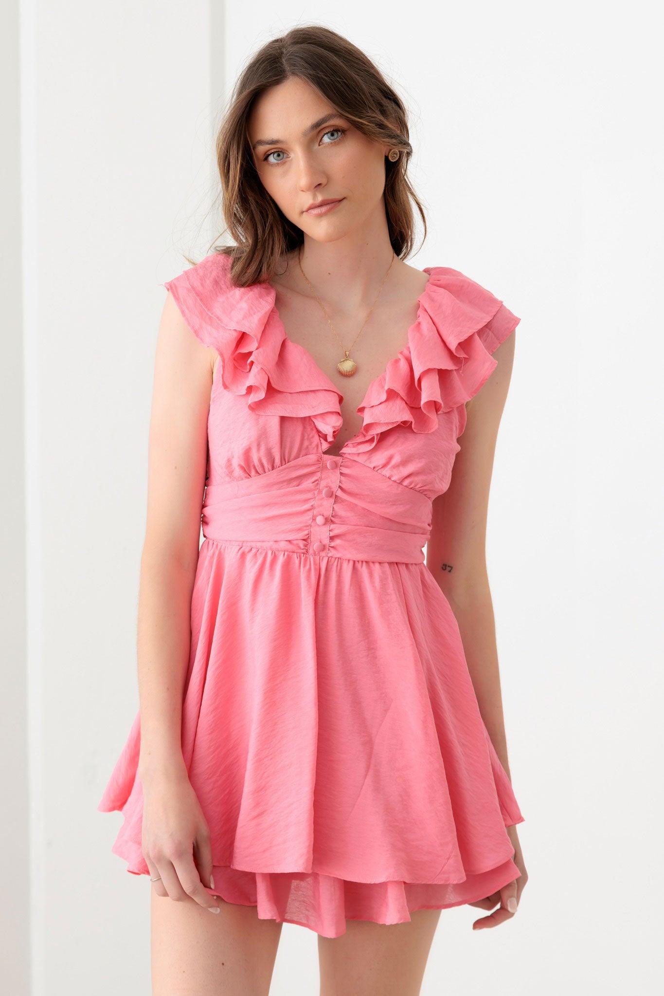 Pink Pink Midriff Yoke Ruffle Romper Mini Dress from PinkyBelles Boutique