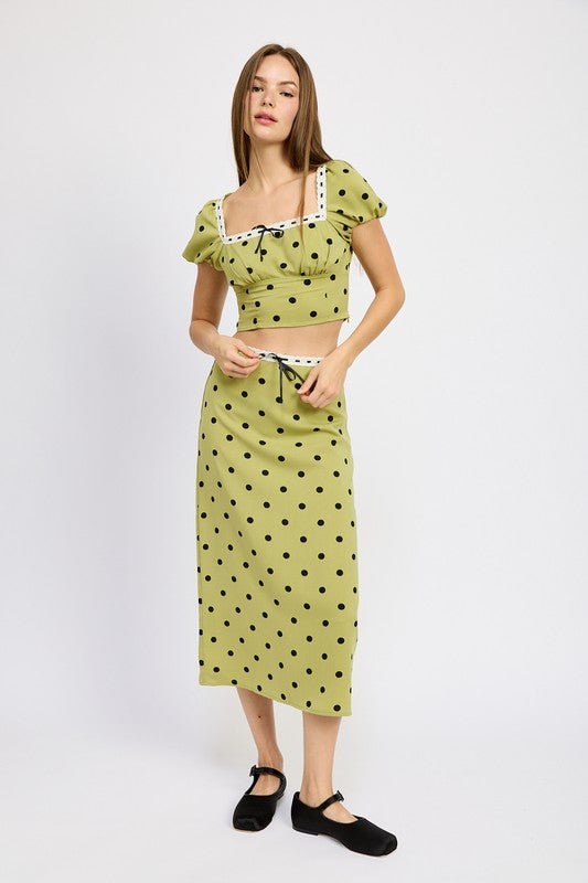 Olive Polka Dot Top and Midi Skirt Set from PinkyBelles Boutique