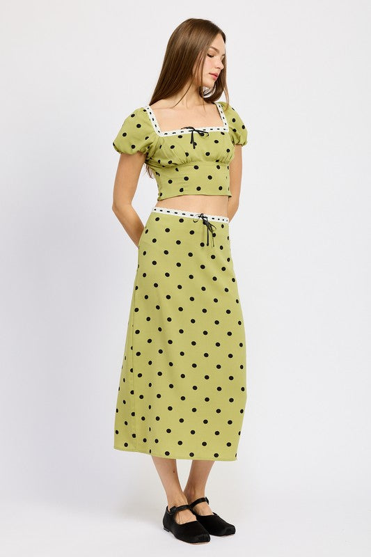 Olive Polka Dot Top and Midi Skirt Set from PinkyBelles Boutique