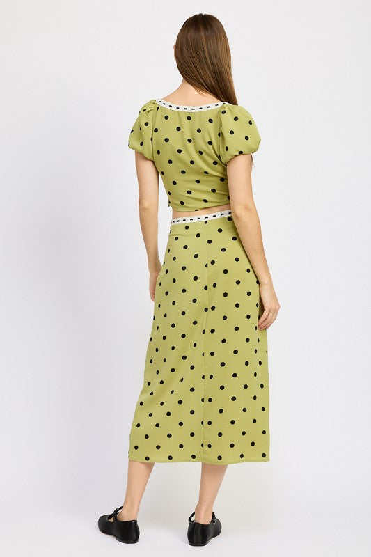 Olive Polka Dot Top and Midi Skirt Set from PinkyBelles Boutique