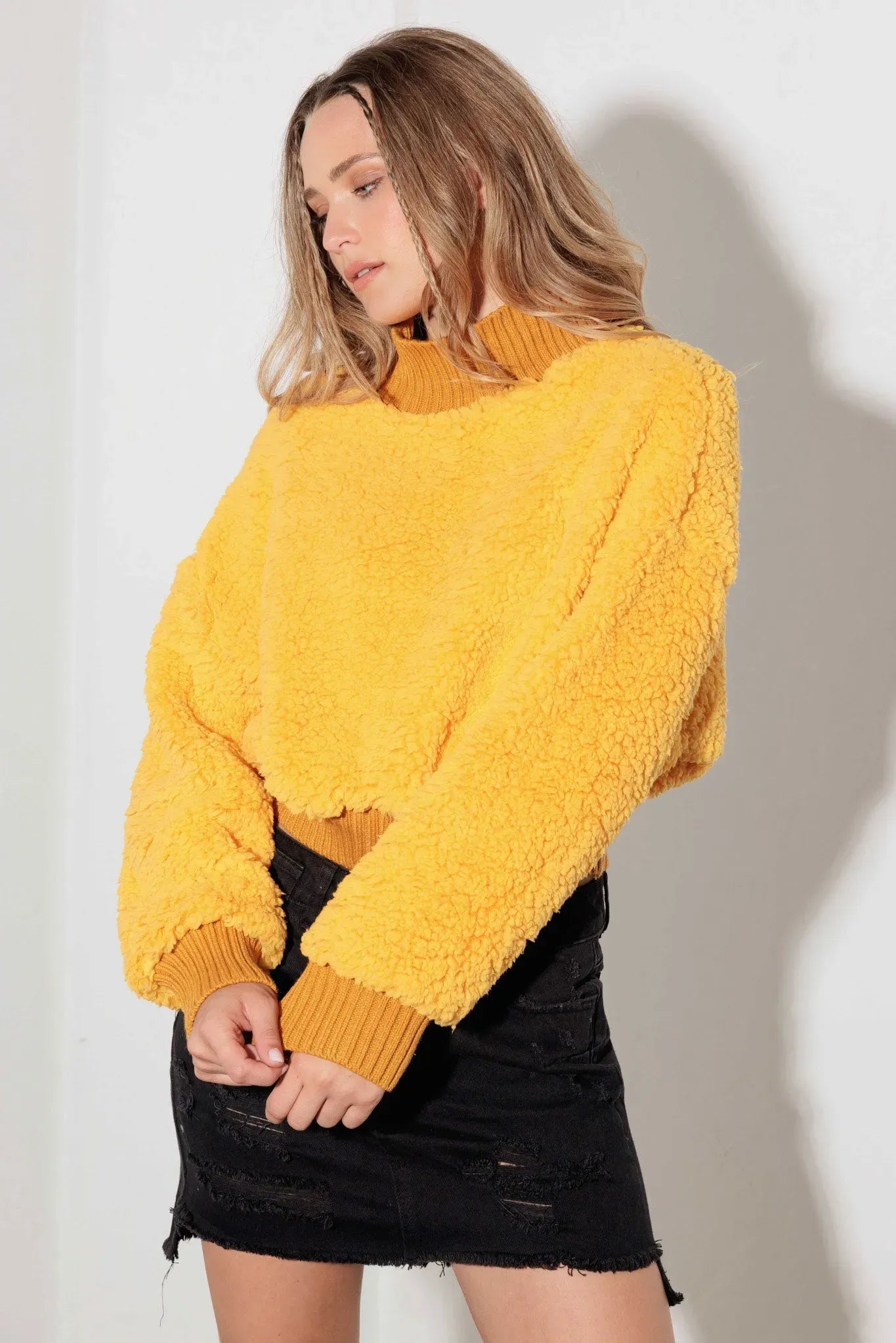 Yellow Ribbed Turtleneck Sherpa Knit Sweater from PinkyBelles Boutique