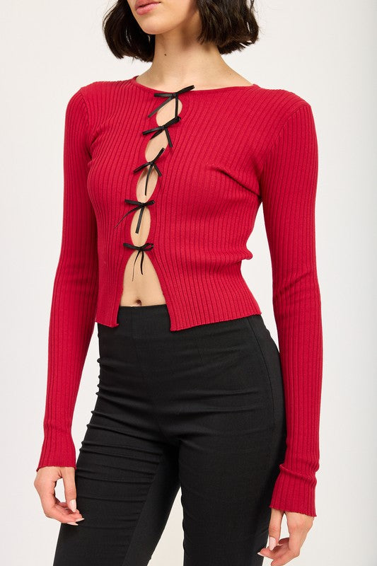 Red Ribbon-Tied Long-Sleeve Top from PinkyBelles Boutique