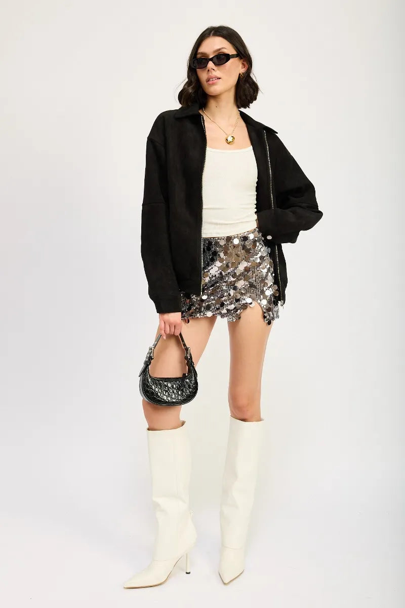 Silver Sequin Mini Skirt with Side Slit from PinkyBelles Boutique