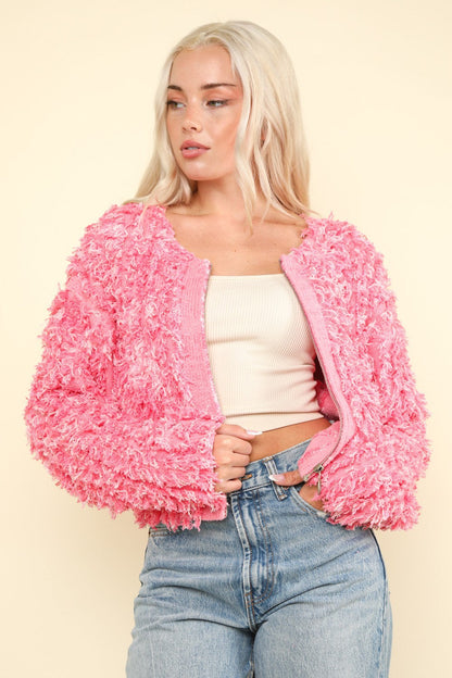 Pink Shaggy Yarn Knit Jacket from PinkyBelles Boutique