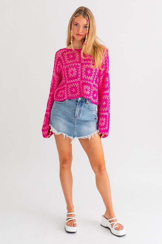 Hot Pink Square Blocks Crochet Sweater Top from PinkyBelles Boutique