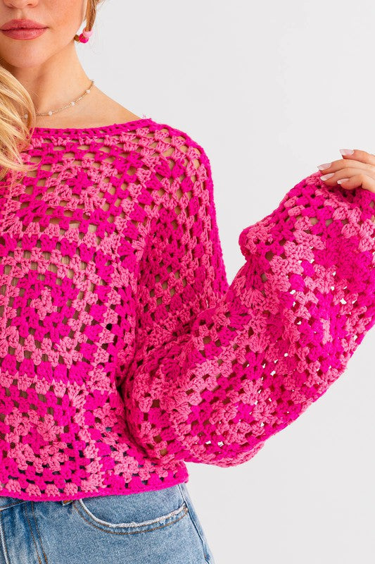 Hot Pink Square Blocks Crochet Sweater Top from PinkyBelles Boutique