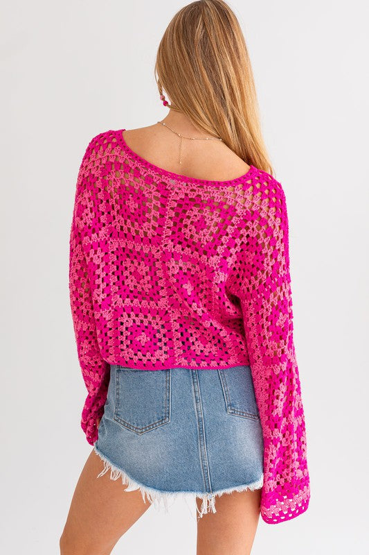 Hot Pink Square Blocks Crochet Sweater Top from PinkyBelles Boutique