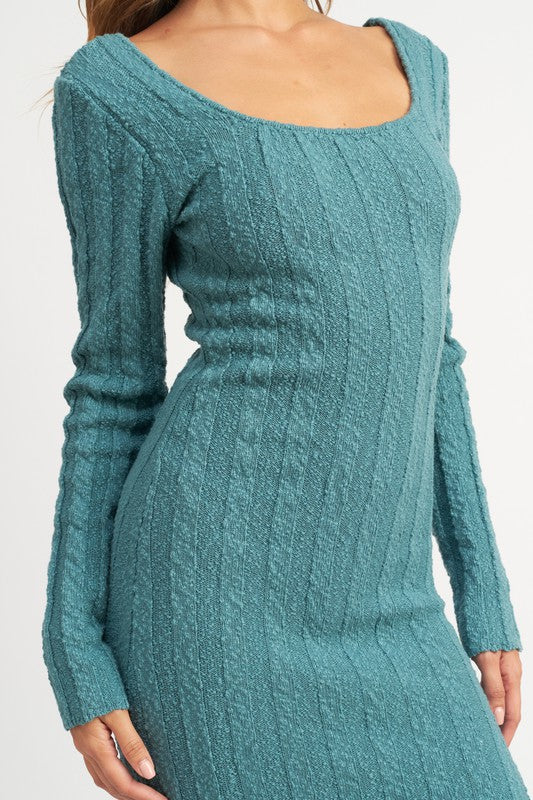 Teal Square Neck Ribbed Midi Dress from PinkyBelles Boutique