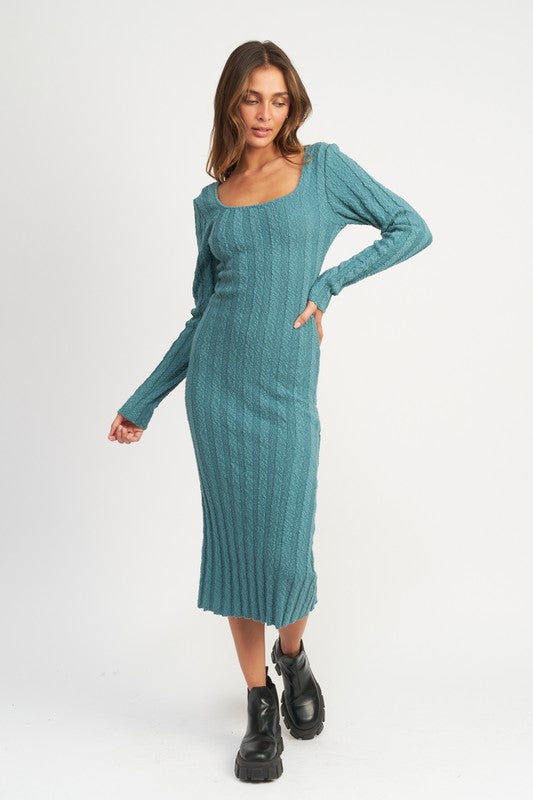 Teal Square Neck Ribbed Midi Dress from PinkyBelles Boutique