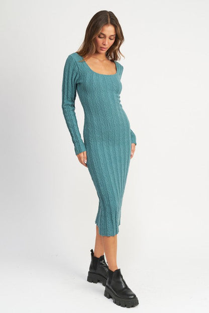 Teal Square Neck Ribbed Midi Dress from PinkyBelles Boutique