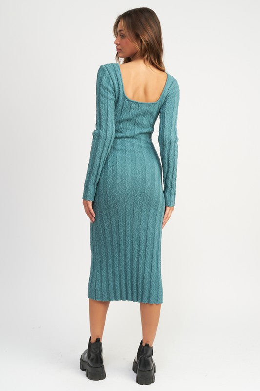 Teal Square Neck Ribbed Midi Dress from PinkyBelles Boutique