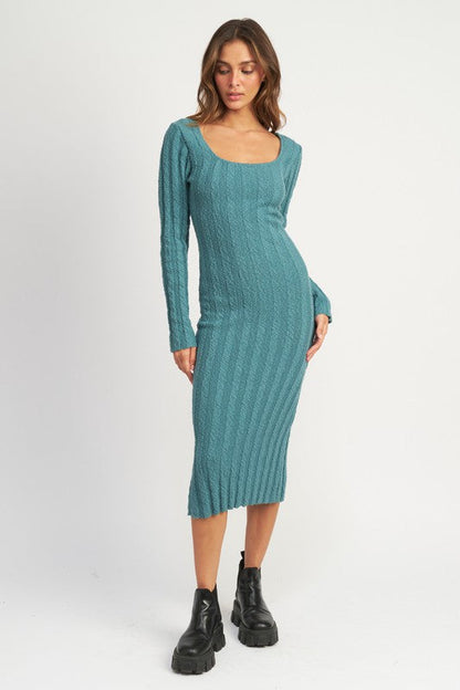 Teal Square Neck Ribbed Midi Dress from PinkyBelles Boutique