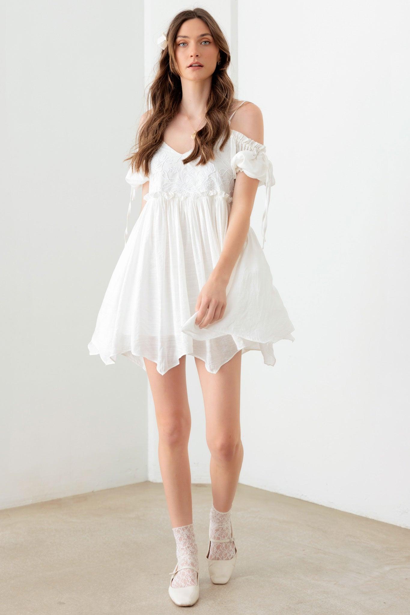 White White Floral Off-Shoulder Mini Dress from PinkyBelles Boutique