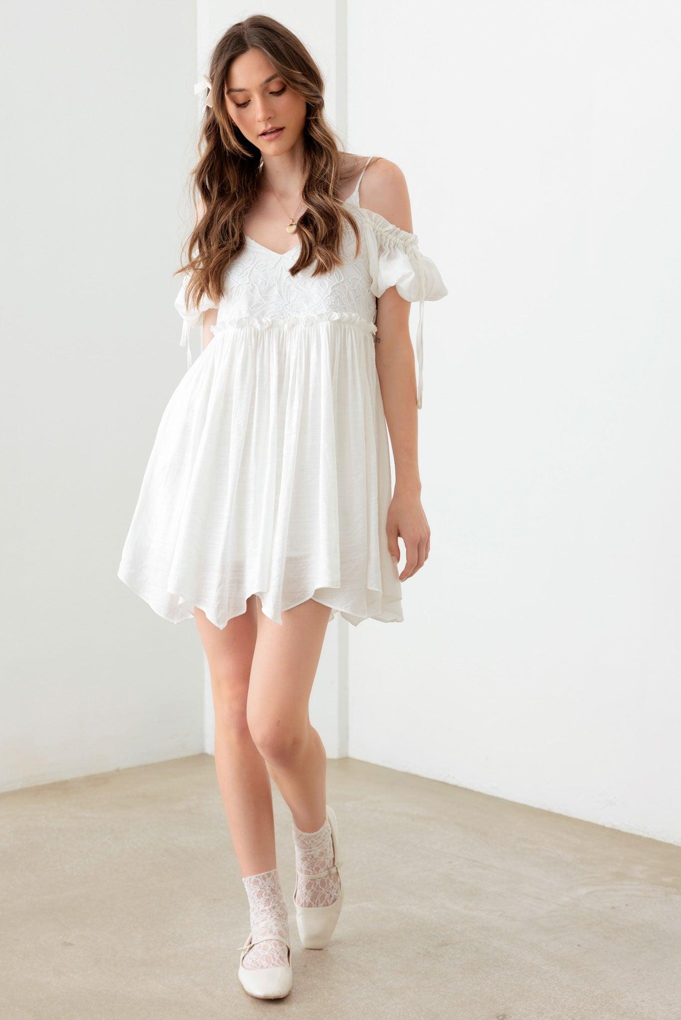 White White Floral Off-Shoulder Mini Dress from PinkyBelles Boutique