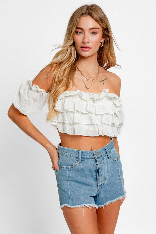 White White Off-Shoulder Ruffled Boho Crop Top from PinkyBelles Boutique